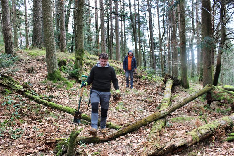 two people walking through the woods