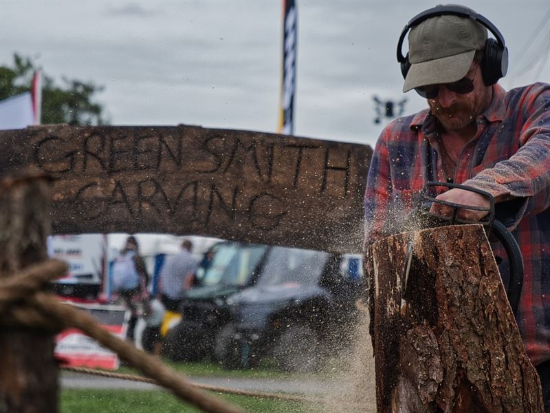 Chainsaw carving with sign in background
