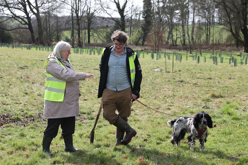 two people talking while standing in front of newly planted tree 