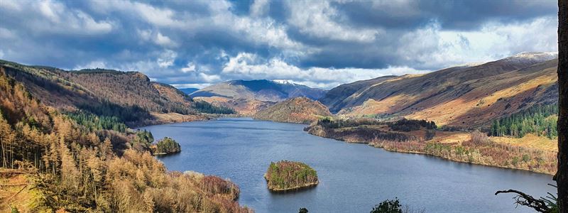 the thirlmere valley showing forests mountains and resevoir